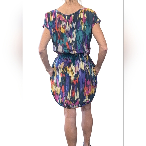 Women's SILK Cap Sleeve Multicolor Abstract Party Blouson Mini Dress Size M - Picture 12 of 15